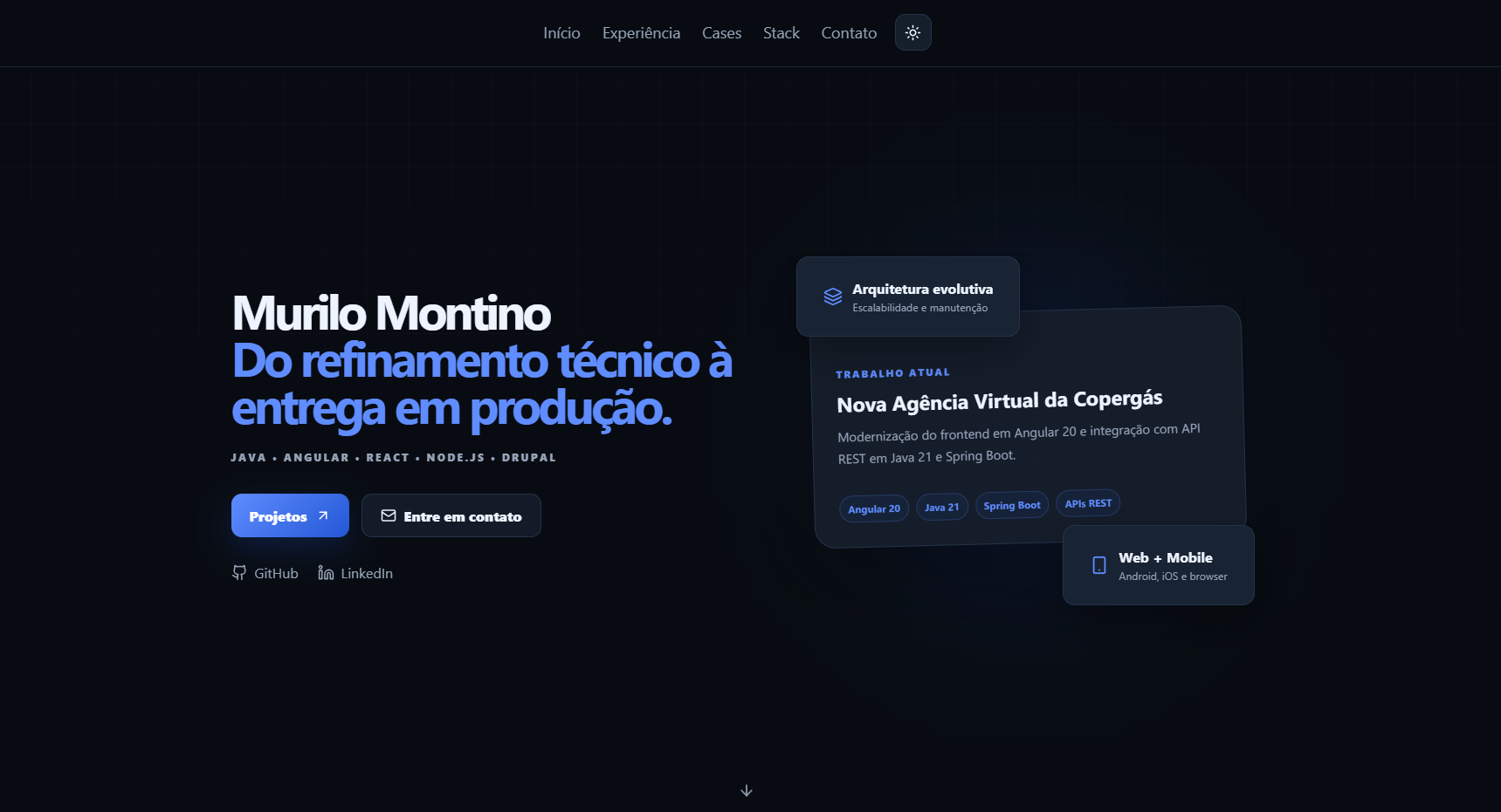 Interface do Portfólio de Murilo Montino